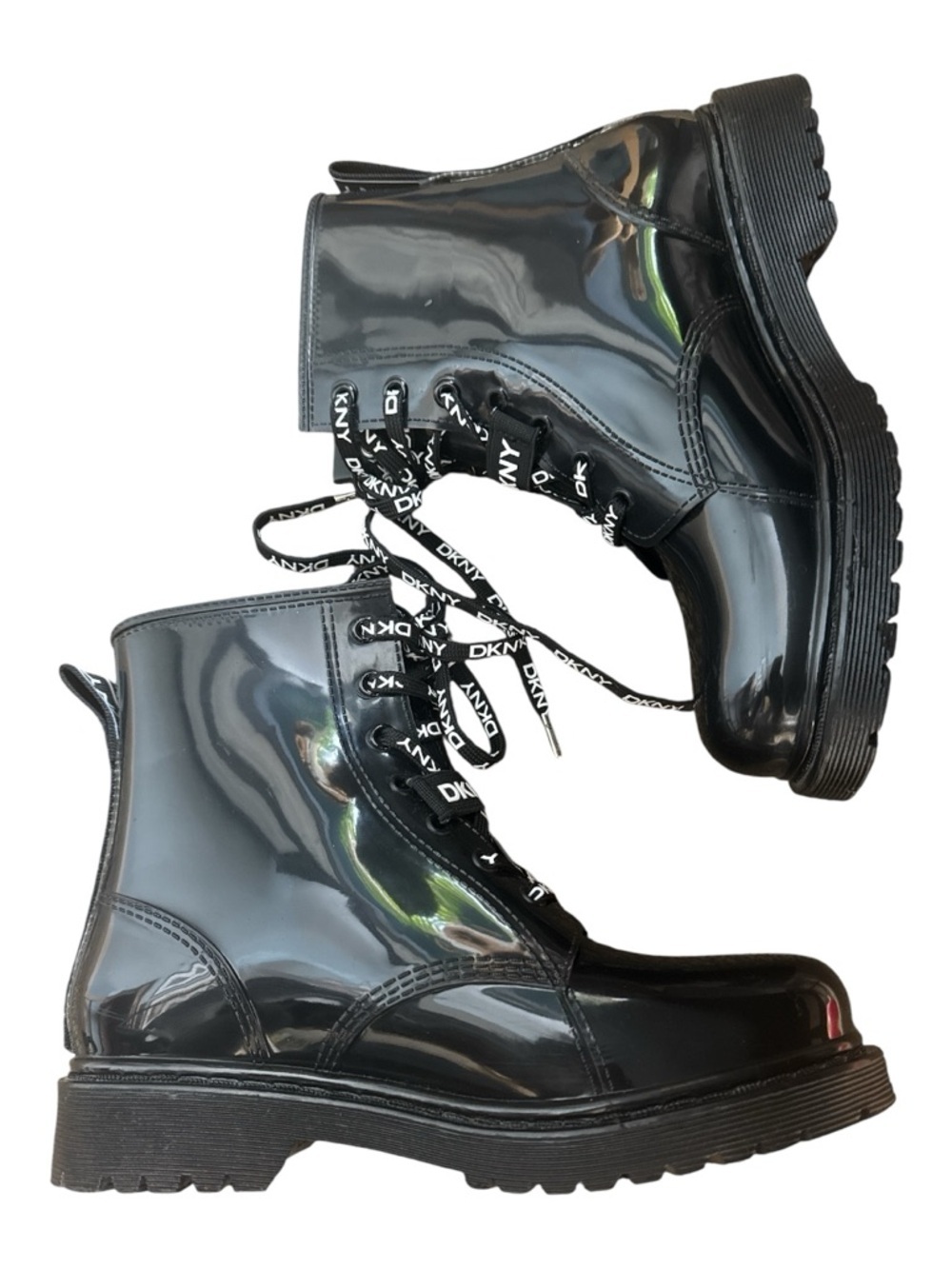 DKNY Tibby Black Vegan Patent Leather Logo Laced Combat Boho Moto Boots Sz 8 - Picture 5 of 14